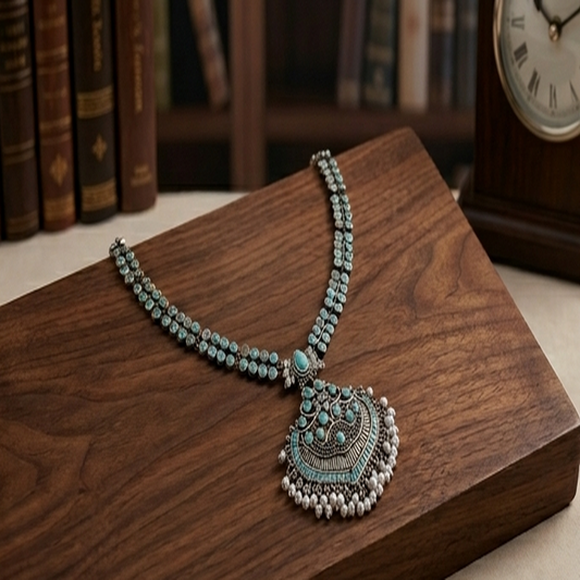 DIVYORO ORNATE BLUE STONE TEARDROP PENDANT NECKLACE
