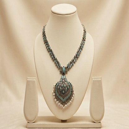 DIVYORO ORNATE BLUE STONE TEARDROP PENDANT NECKLACE