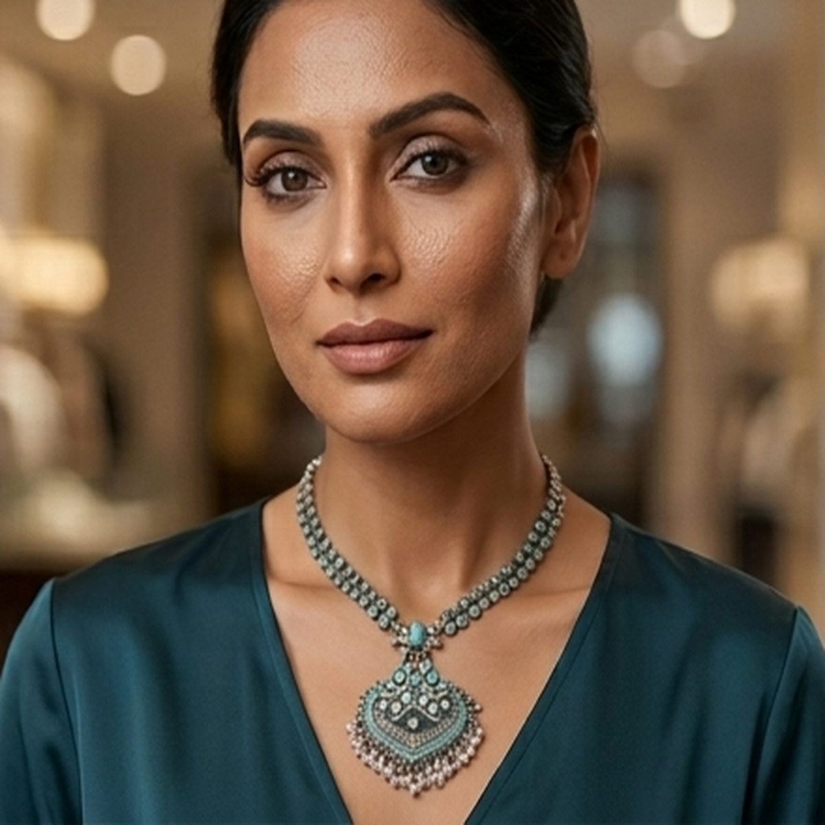 DIVYORO ORNATE BLUE STONE TEARDROP PENDANT NECKLACE