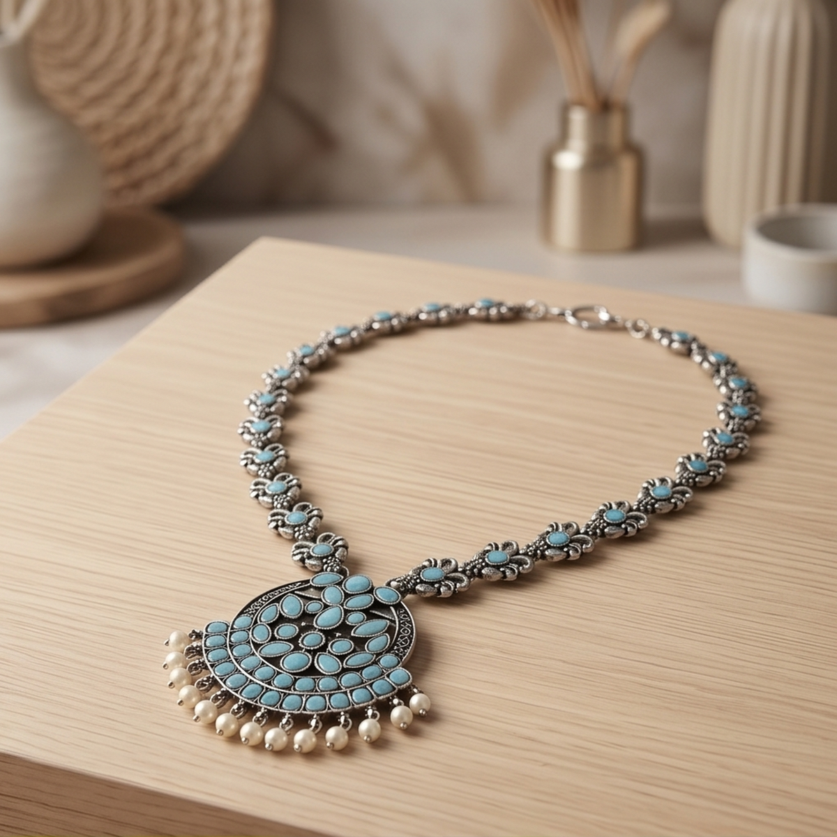 DIVYORO OXIDIZED SILVER FILIGREE NECKLACE WITH BLUE STONE ACCENTS