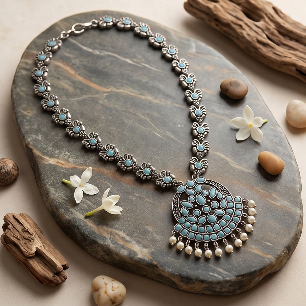 DIVYORO OXIDIZED SILVER FILIGREE NECKLACE WITH BLUE STONE ACCENTS