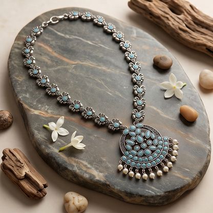 DIVYORO OXIDIZED SILVER FILIGREE NECKLACE WITH BLUE STONE ACCENTS