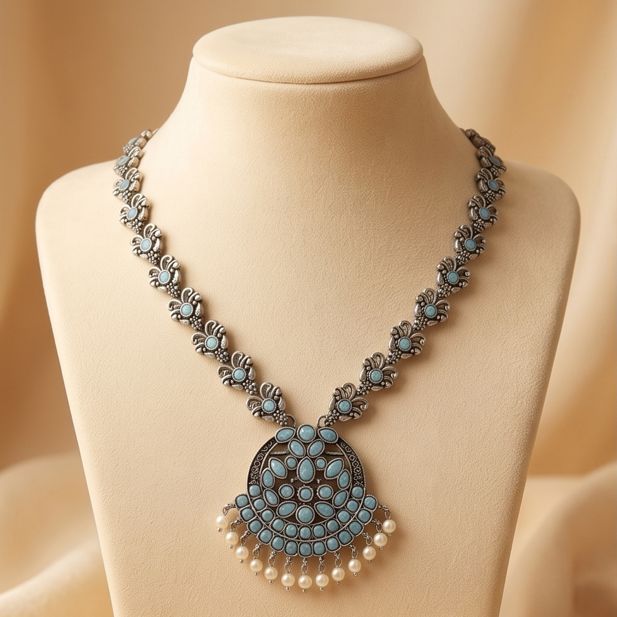 DIVYORO OXIDIZED SILVER FILIGREE NECKLACE WITH BLUE STONE ACCENTS