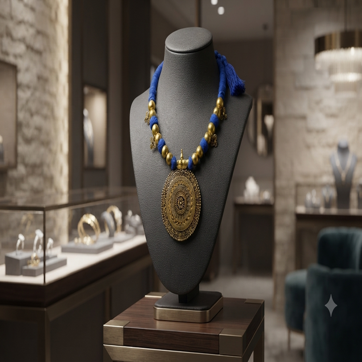 DIVYORO ETHNIC BLUE BEAD AND ANTIQUE GOLD MEDALLION NECKLACE