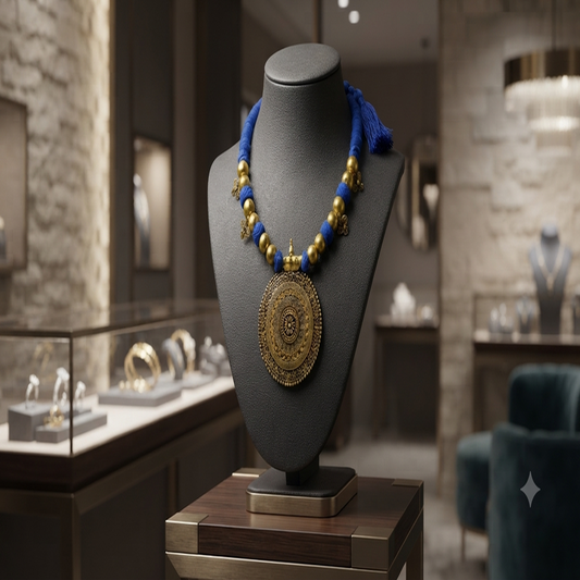 DIVYORO ETHNIC BLUE BEAD AND ANTIQUE GOLD MEDALLION NECKLACE