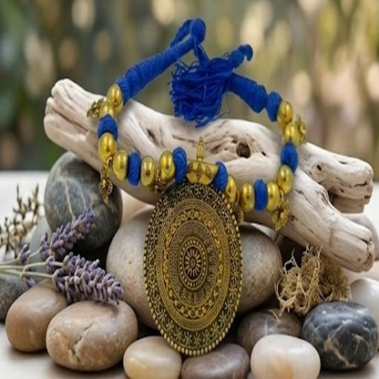 DIVYORO ETHNIC BLUE BEAD AND ANTIQUE GOLD MEDALLION NECKLACE
