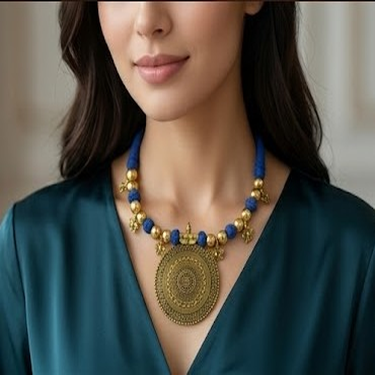 DIVYORO ETHNIC BLUE BEAD AND ANTIQUE GOLD MEDALLION NECKLACE