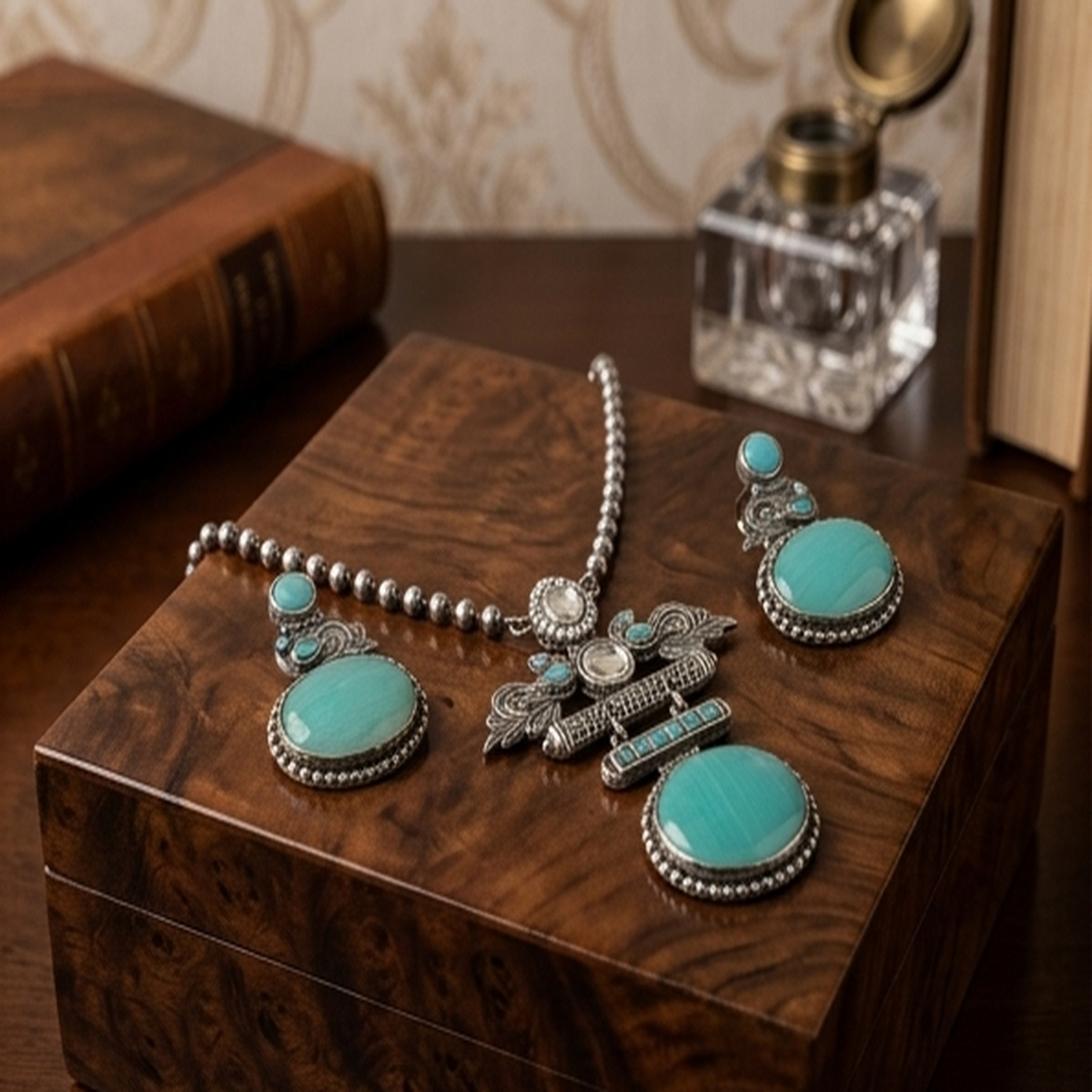 DIVYORO TURQUOISE TEARDROP STATEMENT OXIDIZED NECKLACE SET