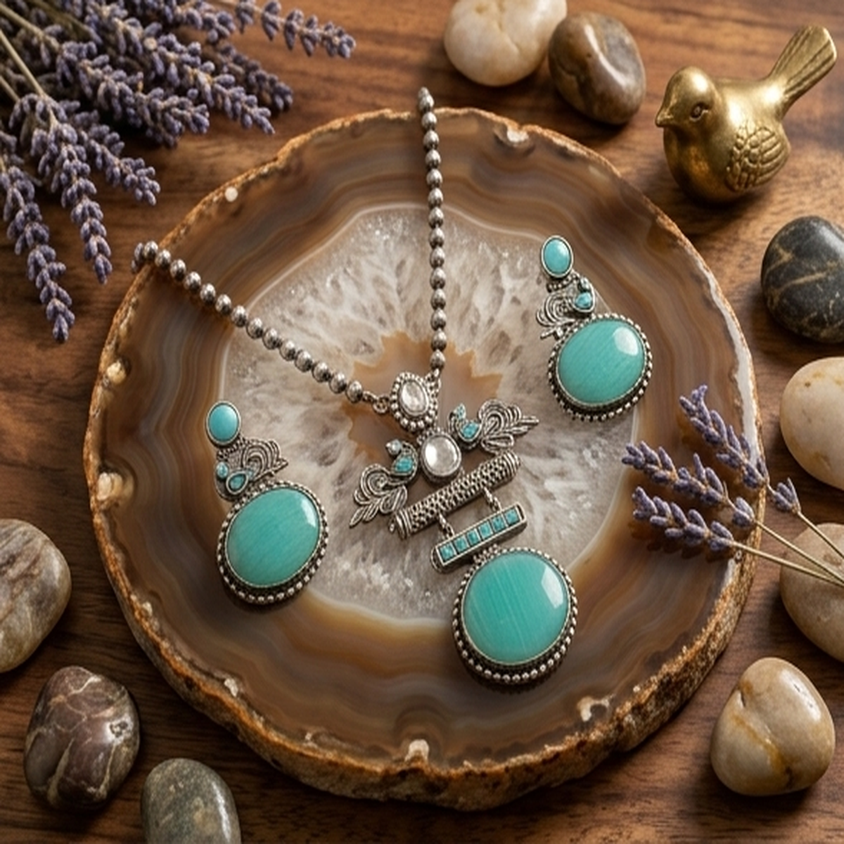 DIVYORO TURQUOISE TEARDROP STATEMENT OXIDIZED NECKLACE SET