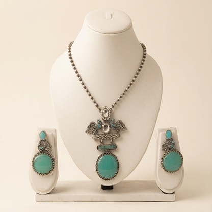 DIVYORO TURQUOISE TEARDROP STATEMENT OXIDIZED NECKLACE SET