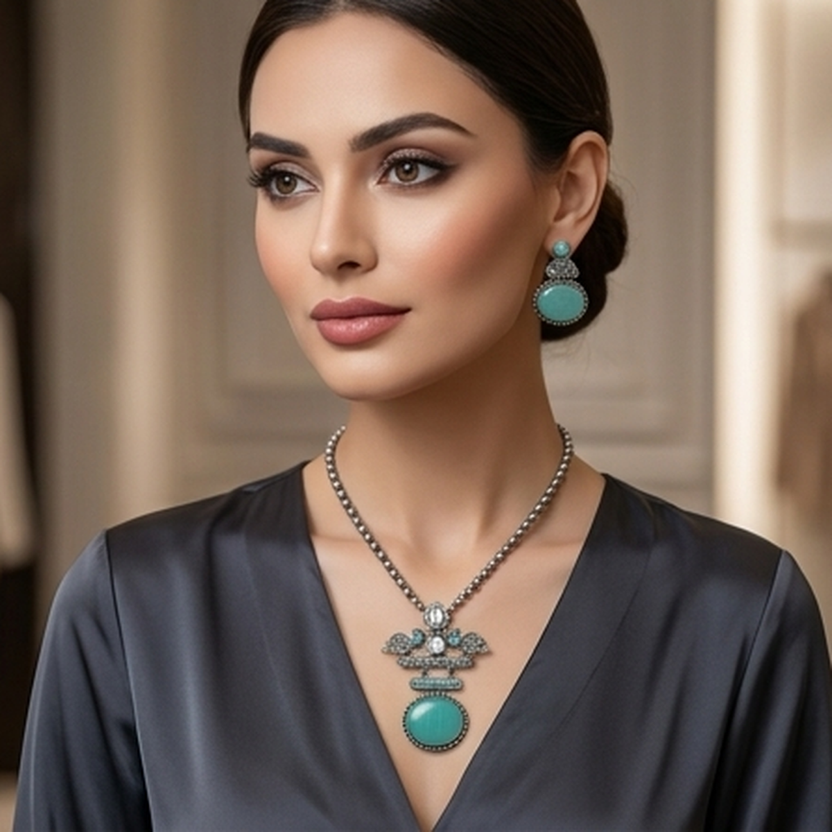 DIVYORO TURQUOISE TEARDROP STATEMENT OXIDIZED NECKLACE SET