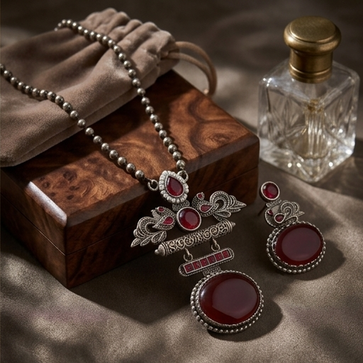 DIVYORO DEEP RUBY GEMSTONE PEACOCK MOTIF OXIDIZED JEWELRY SET