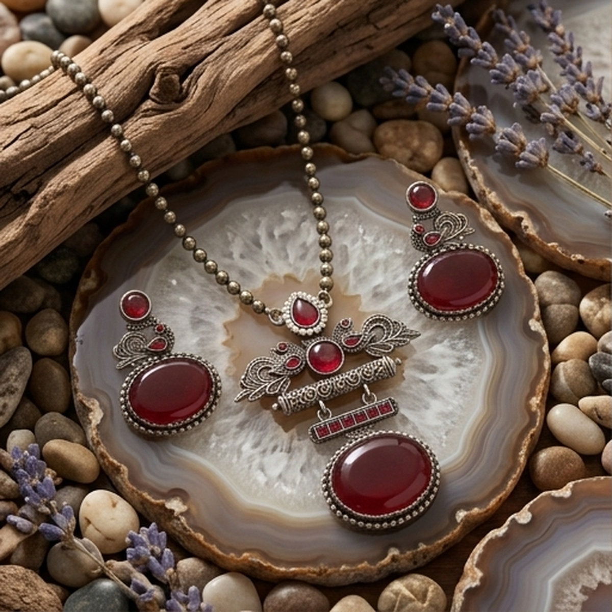DIVYORO DEEP RUBY GEMSTONE PEACOCK MOTIF OXIDIZED JEWELRY SET