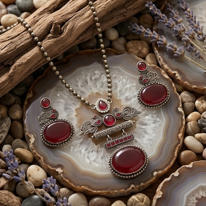 DIVYORO DEEP RUBY GEMSTONE PEACOCK MOTIF OXIDIZED JEWELRY SET