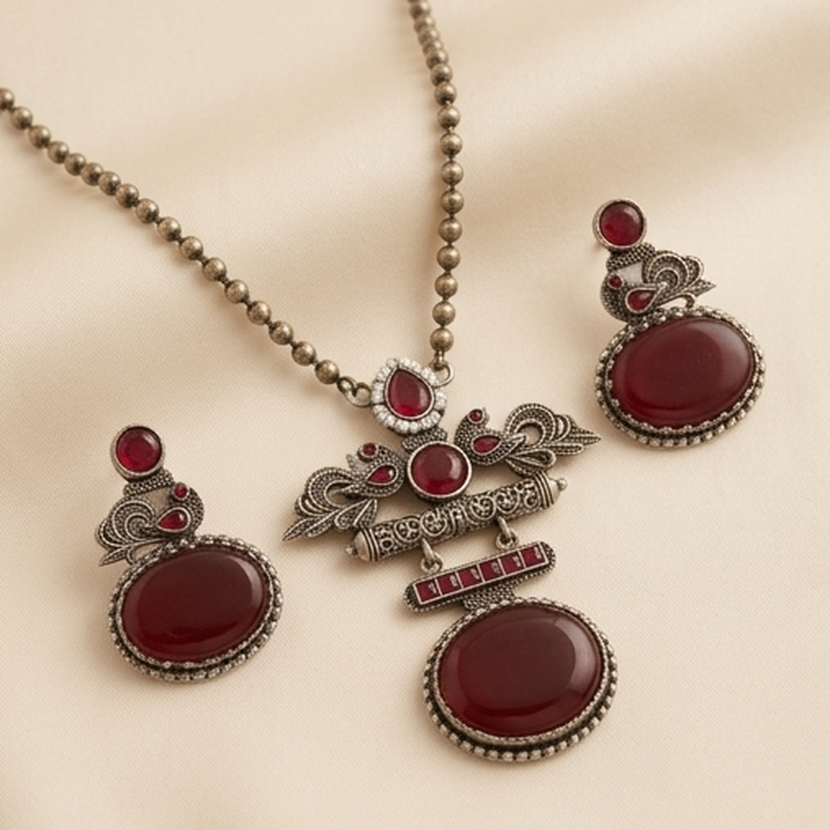 DIVYORO DEEP RUBY GEMSTONE PEACOCK MOTIF OXIDIZED JEWELRY SET
