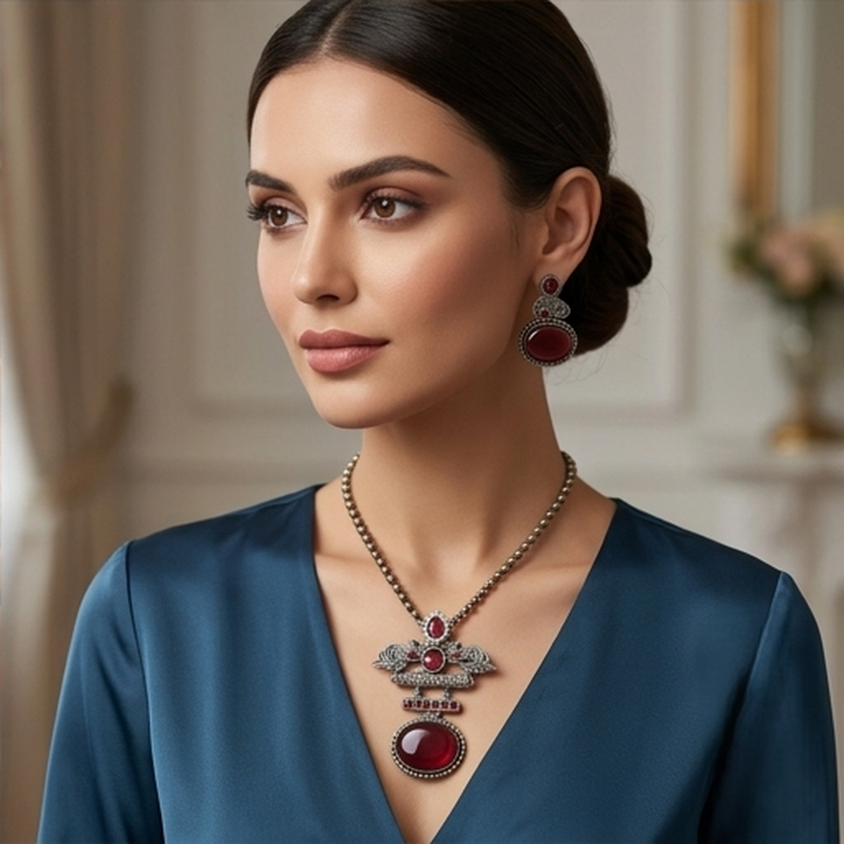 DIVYORO DEEP RUBY GEMSTONE PEACOCK MOTIF OXIDIZED JEWELRY SET