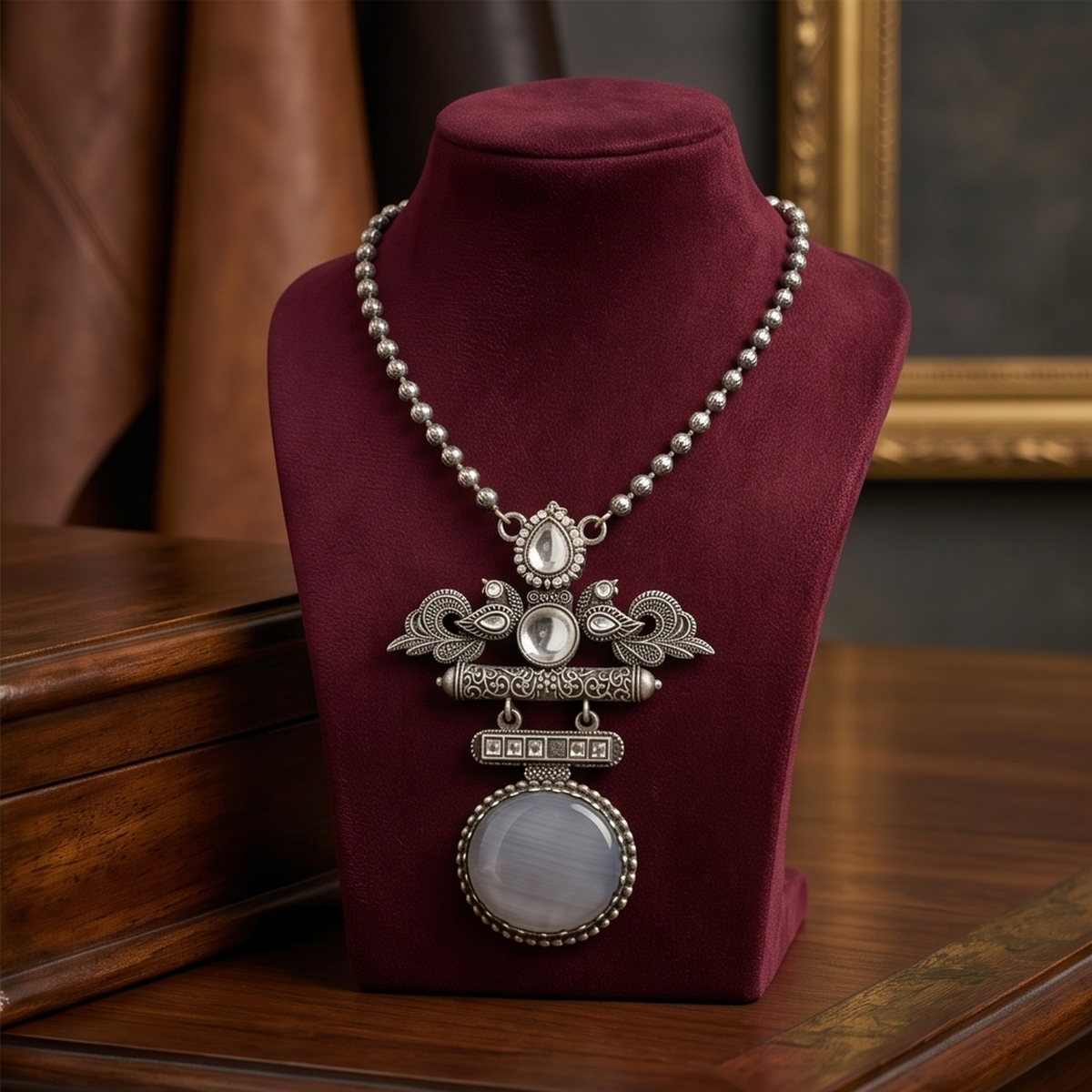 DIVYORO GREY STONE EMBELLISHED PEACOCK MOTIF OXIDIZED NECKLACE