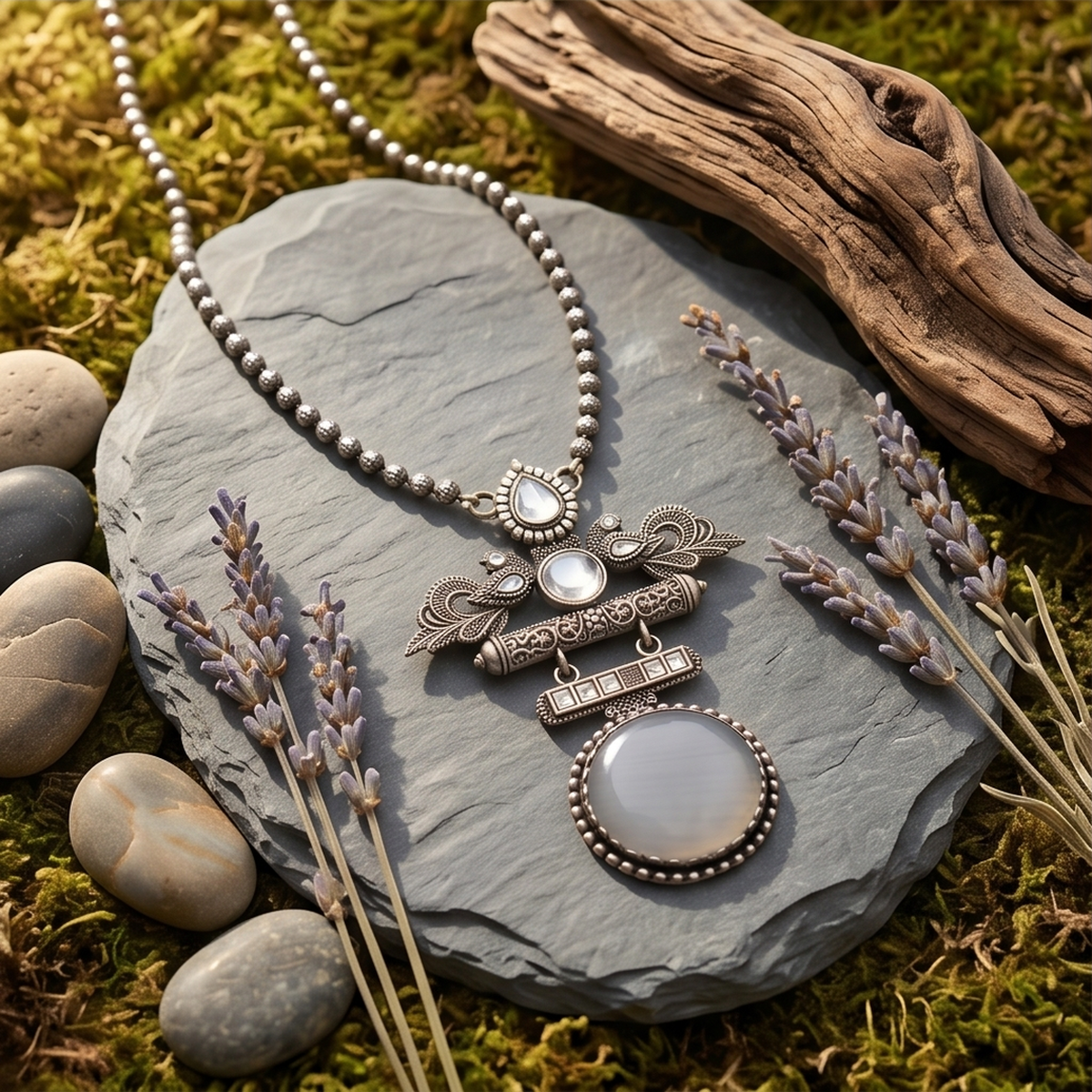 DIVYORO GREY STONE EMBELLISHED PEACOCK MOTIF OXIDIZED NECKLACE