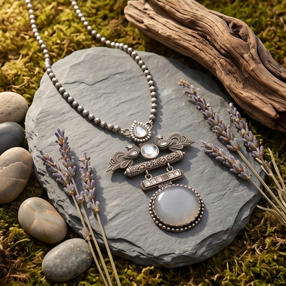 DIVYORO GREY STONE EMBELLISHED PEACOCK MOTIF OXIDIZED NECKLACE