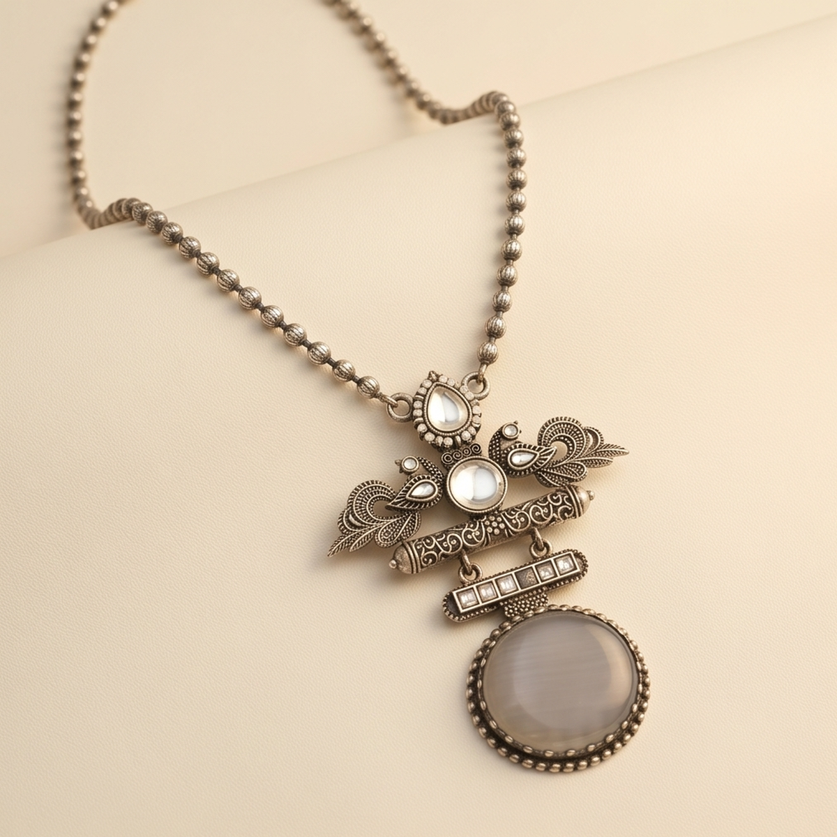 DIVYORO GREY STONE EMBELLISHED PEACOCK MOTIF OXIDIZED NECKLACE
