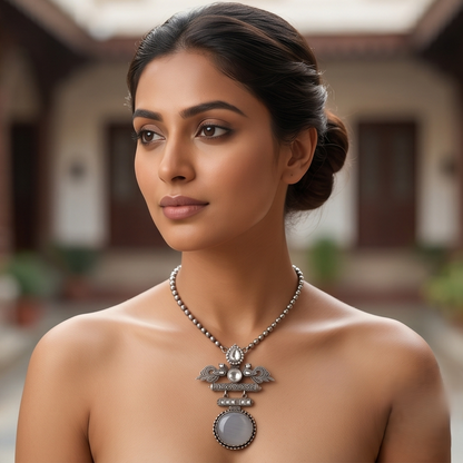 DIVYORO GREY STONE EMBELLISHED PEACOCK MOTIF OXIDIZED NECKLACE