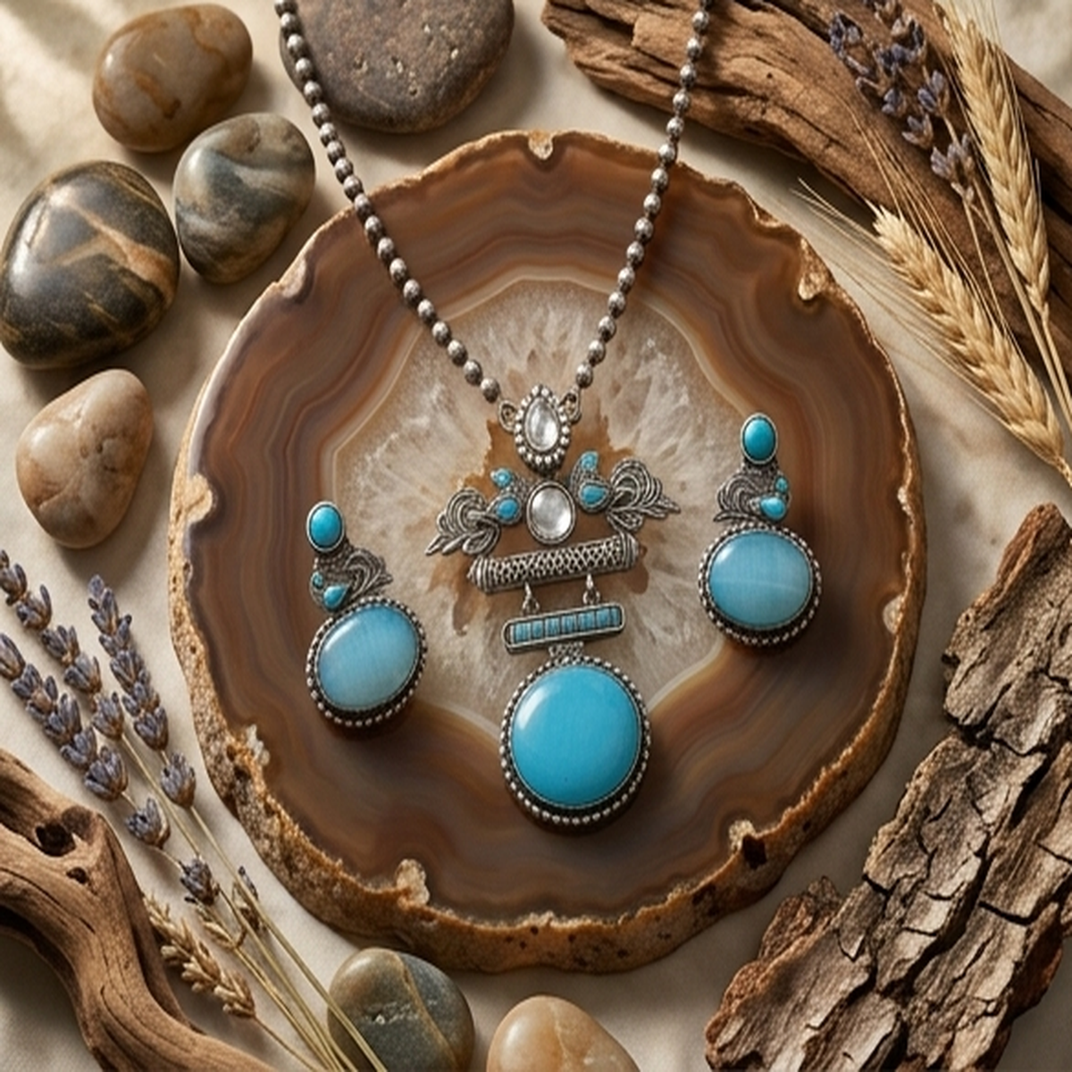 DIVYORO CIRCULAR TURQUOISE PENDANT OXIDIZED JEWELRY SET
