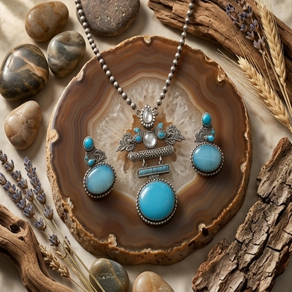 DIVYORO CIRCULAR TURQUOISE PENDANT OXIDIZED JEWELRY SET