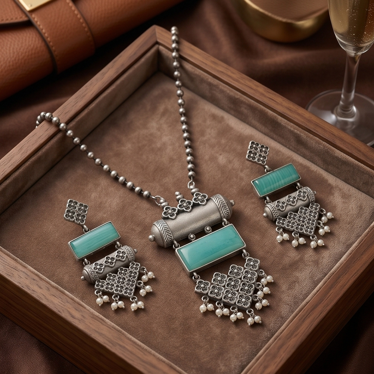DIVYORO TURQUOISE RECTANGLE STATEMENT OXIDIZED NECKLACE AND EARRING SET