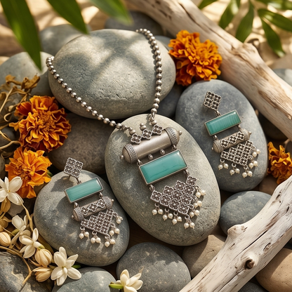 DIVYORO TURQUOISE RECTANGLE STATEMENT OXIDIZED NECKLACE AND EARRING SET