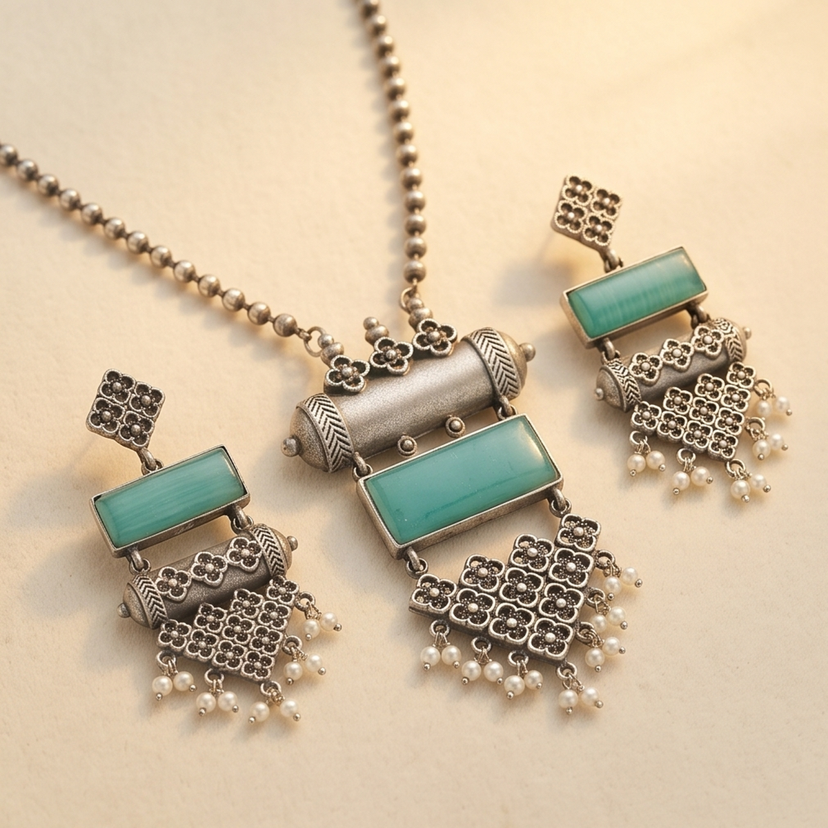 DIVYORO TURQUOISE RECTANGLE STATEMENT OXIDIZED NECKLACE AND EARRING SET