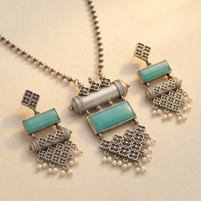 DIVYORO TURQUOISE RECTANGLE STATEMENT OXIDIZED NECKLACE AND EARRING SET