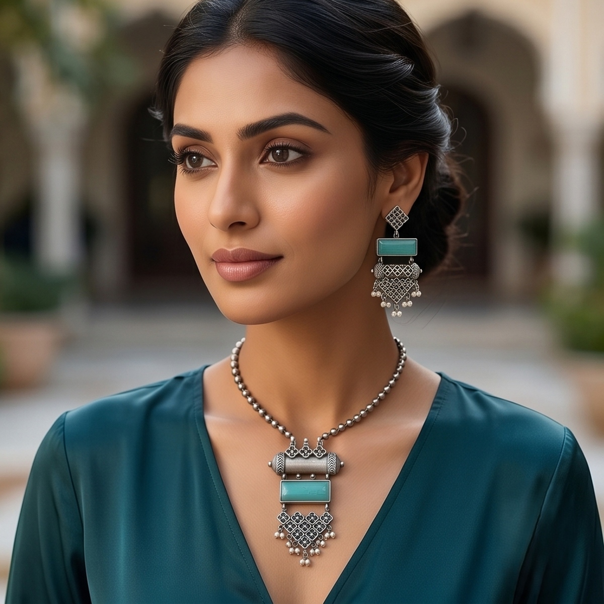 DIVYORO TURQUOISE RECTANGLE STATEMENT OXIDIZED NECKLACE AND EARRING SET