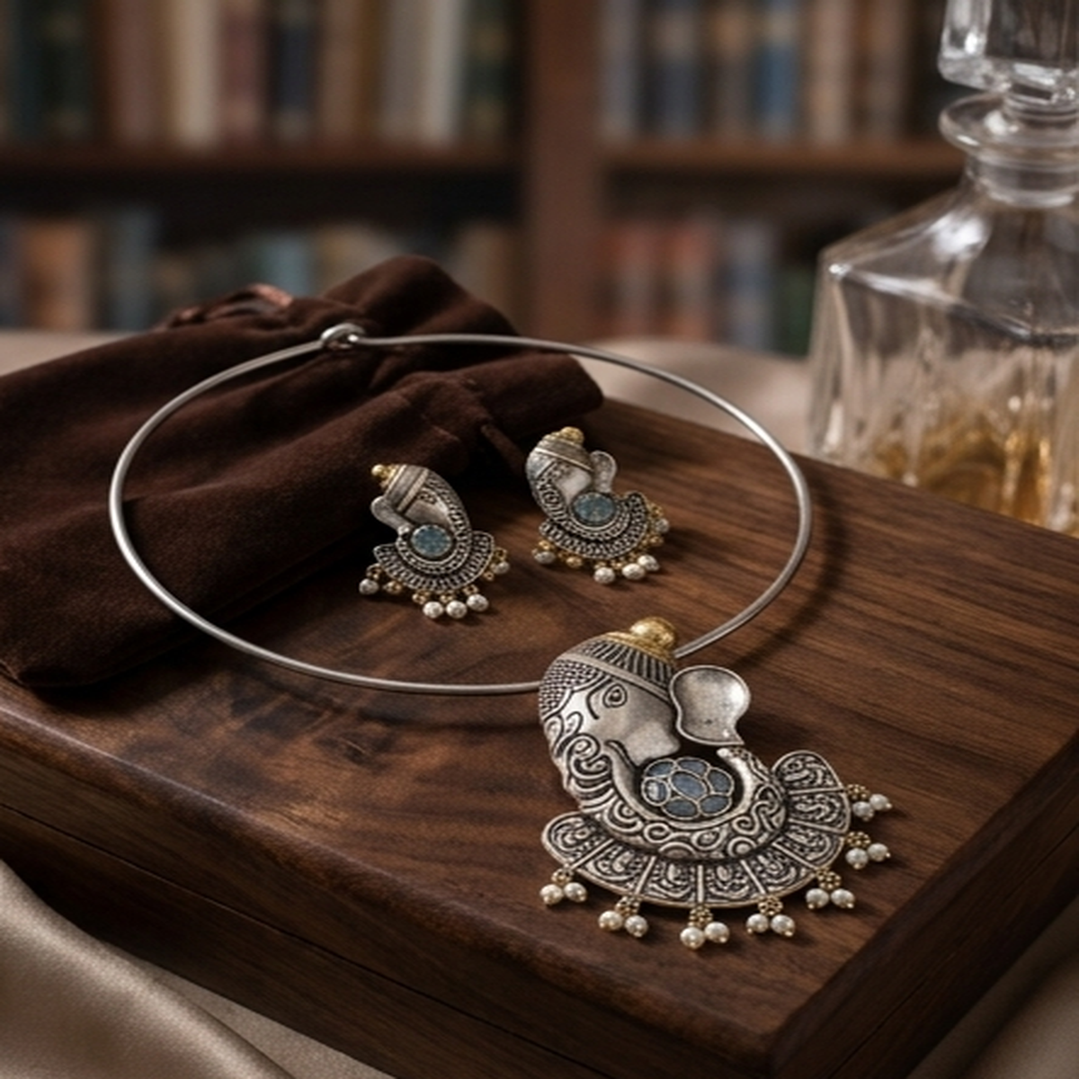DIVYORO ORNATE GANESHA MOTIF OXIDIZED NECKLACE SET WITH SOFT BLUE STONE