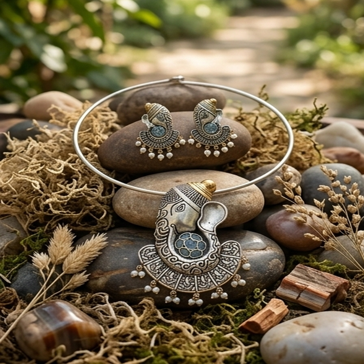 DIVYORO ORNATE GANESHA MOTIF OXIDIZED NECKLACE SET WITH SOFT BLUE STONE