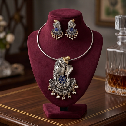 DIVYORO ROYAL BLUE EMBELLISHED GANESHA PENDANT OXIDIZED NECKLACE SET