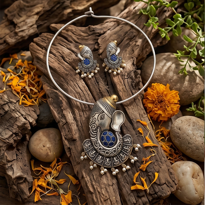 DIVYORO ROYAL BLUE EMBELLISHED GANESHA PENDANT OXIDIZED NECKLACE SET