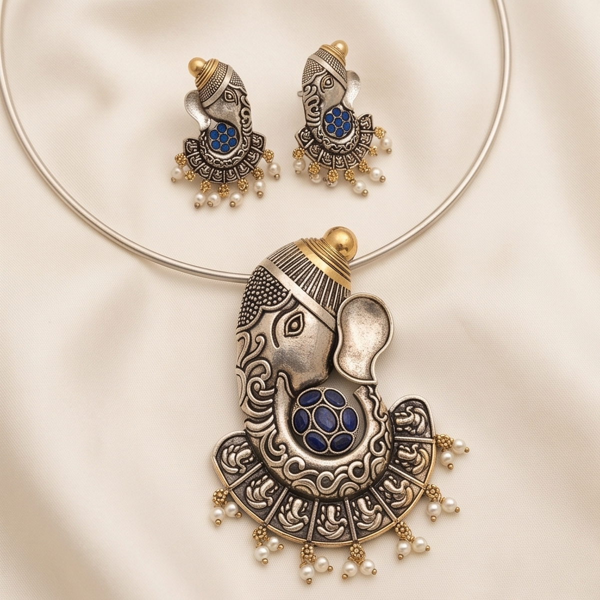 DIVYORO ROYAL BLUE EMBELLISHED GANESHA PENDANT OXIDIZED NECKLACE SET