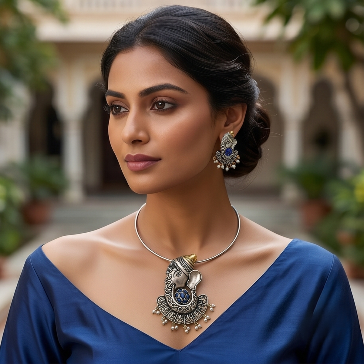 DIVYORO ROYAL BLUE EMBELLISHED GANESHA PENDANT OXIDIZED NECKLACE SET