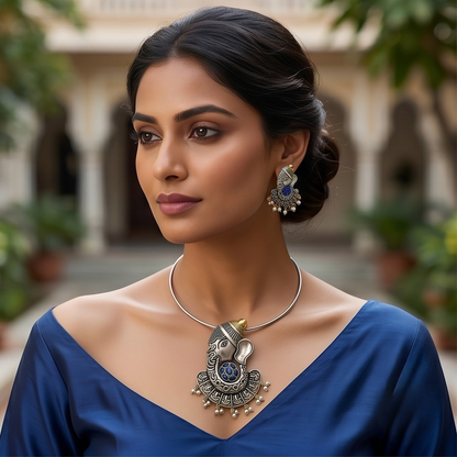 DIVYORO ROYAL BLUE EMBELLISHED GANESHA PENDANT OXIDIZED NECKLACE SET