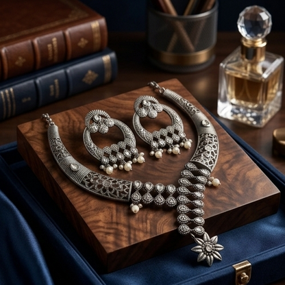 DIVYORO MIRROR WORK TRIBAL STYLE SILVER-TONED NECKLACE SET