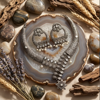 DIVYORO MIRROR WORK TRIBAL STYLE SILVER-TONED NECKLACE SET