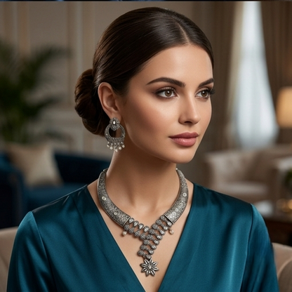 DIVYORO MIRROR WORK TRIBAL STYLE SILVER-TONED NECKLACE SET