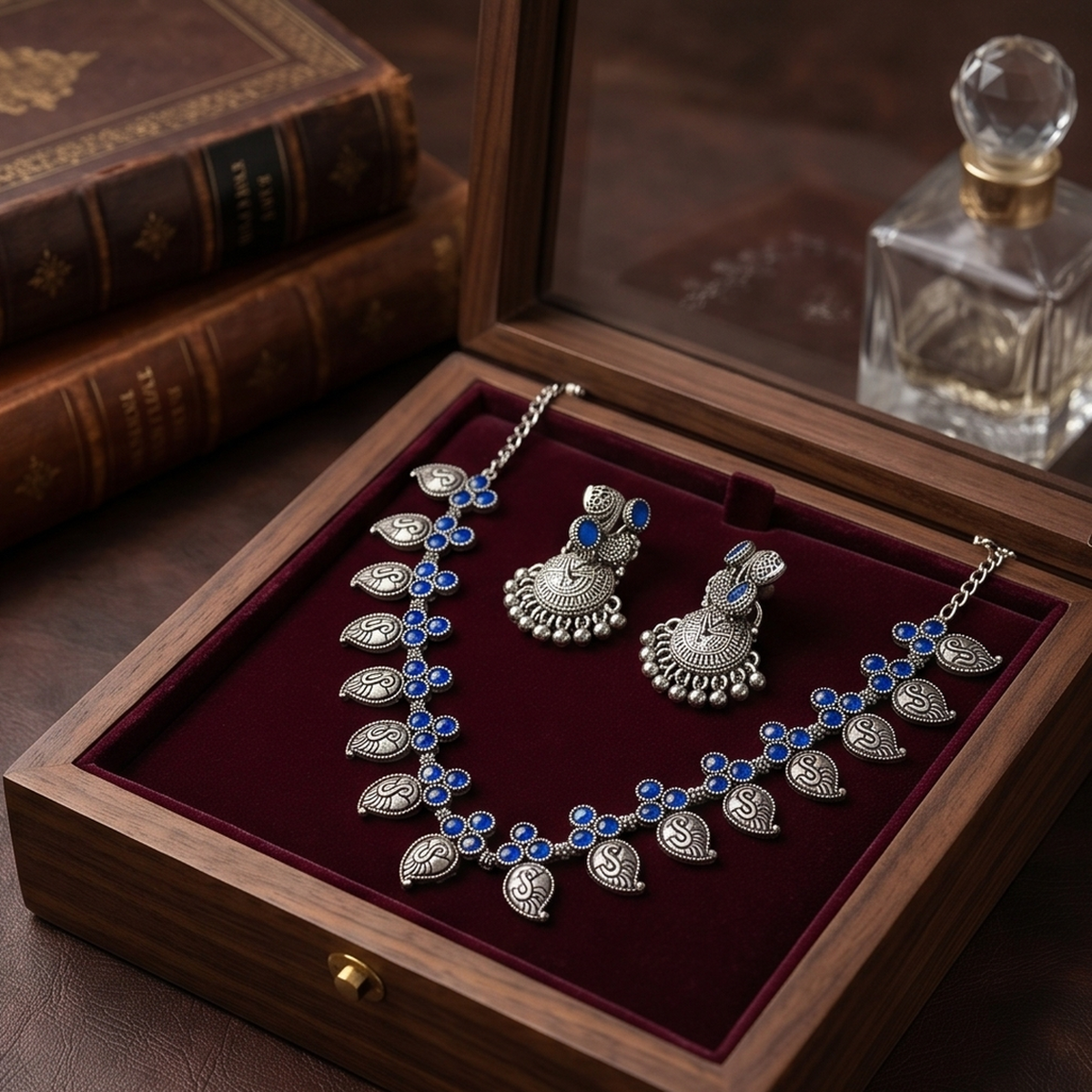 DIVYORO ORNATE LEAF-PATTERN BLUE STONE OXIDIZED SILVER NECKLACE
