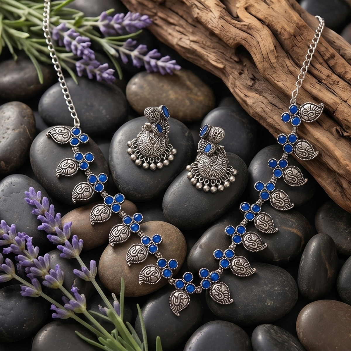 DIVYORO ORNATE LEAF-PATTERN BLUE STONE OXIDIZED SILVER NECKLACE