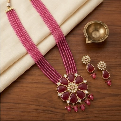 DIVYORO BOLD RUBY FLORAL STATEMENT NECKLACE WITH MULTI-STRAND BEADS