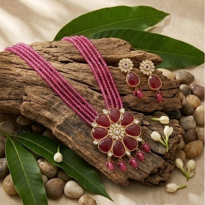 DIVYORO BOLD RUBY FLORAL STATEMENT NECKLACE WITH MULTI-STRAND BEADS