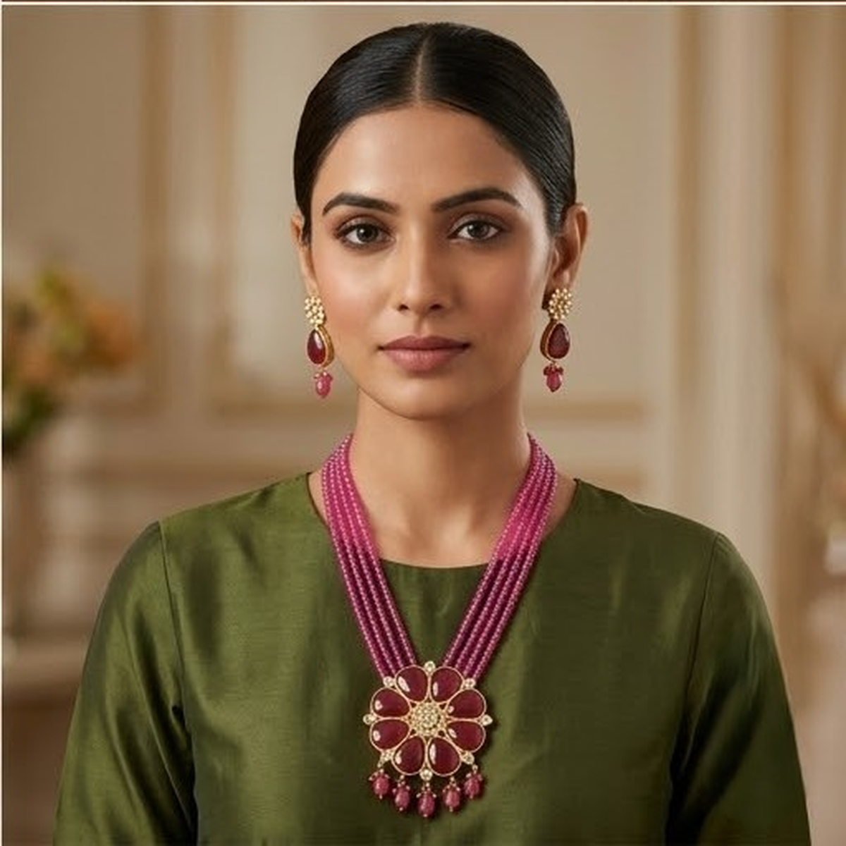DIVYORO BOLD RUBY FLORAL STATEMENT NECKLACE WITH MULTI-STRAND BEADS