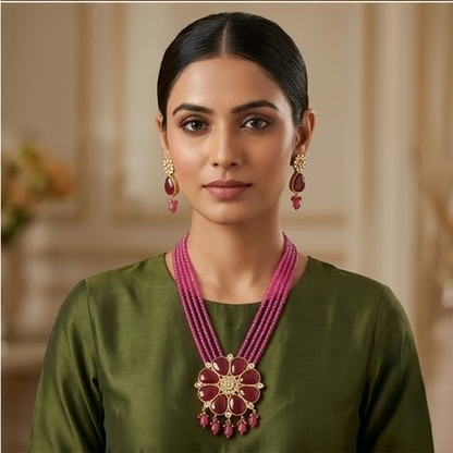 DIVYORO BOLD RUBY FLORAL STATEMENT NECKLACE WITH MULTI-STRAND BEADS
