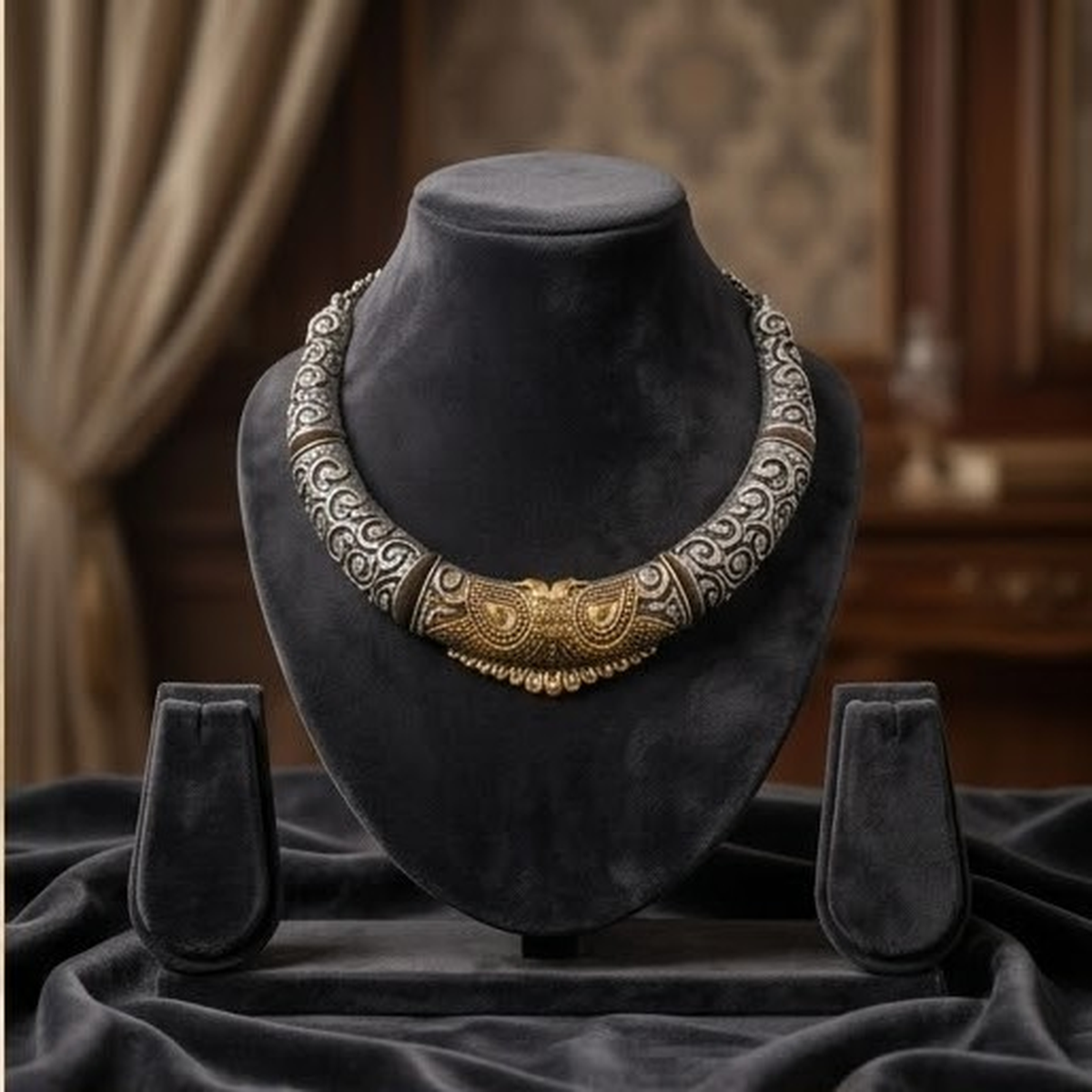 DIVYORO ANTIQUED SILVER-TONED FLORAL COLLAR NECKLACE