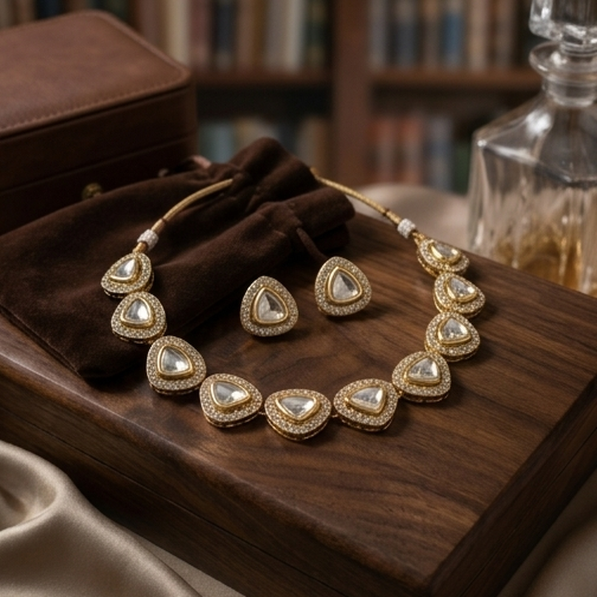 DIVYORO ELEGANT TRIANGLE POLKI STONE NECKLACE SET